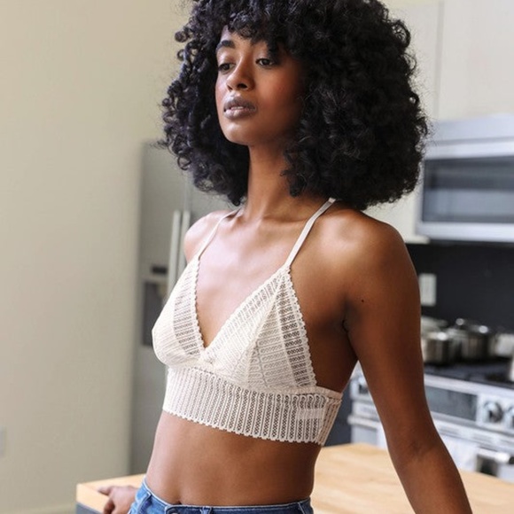 SOLD OUT Ivory Ribbed Lace Boho Racerback Triangle Bralette Womens - Picture 2 of 3